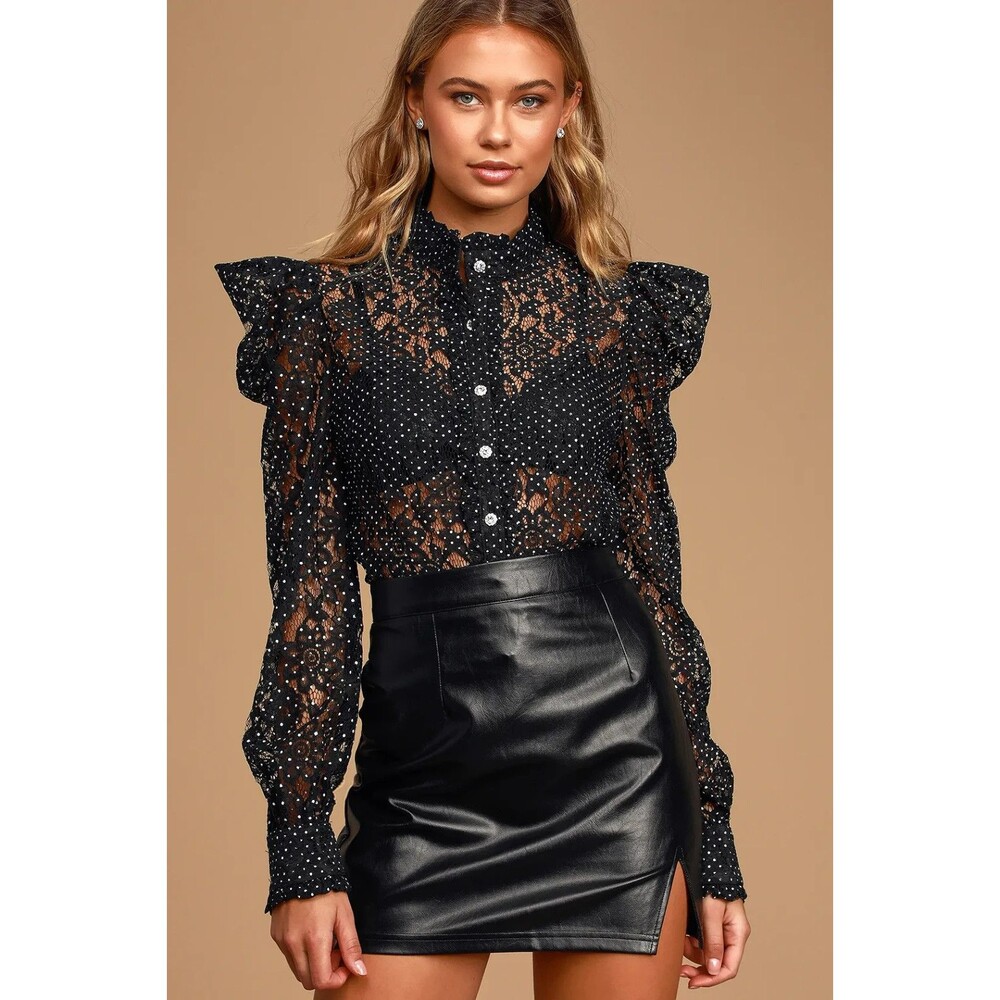 Lulus Black White Polka Dot Sheer Lace Rhinestone Shirt Blouse Top Romantic Sz S